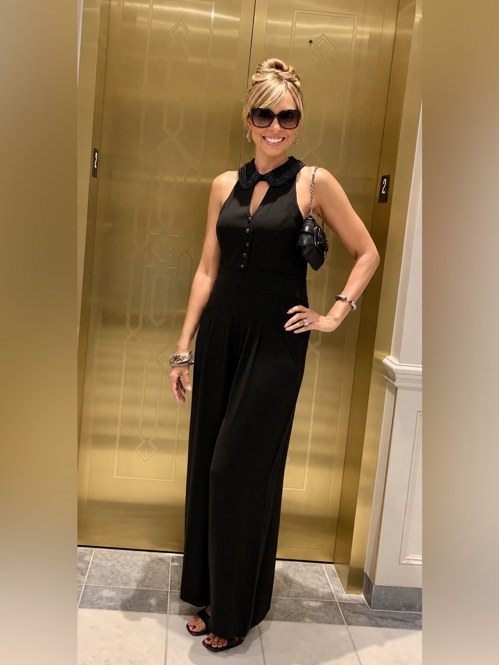 Women’s Black Sleeveless Jumpsuit with Beaded Peter Pan Collar